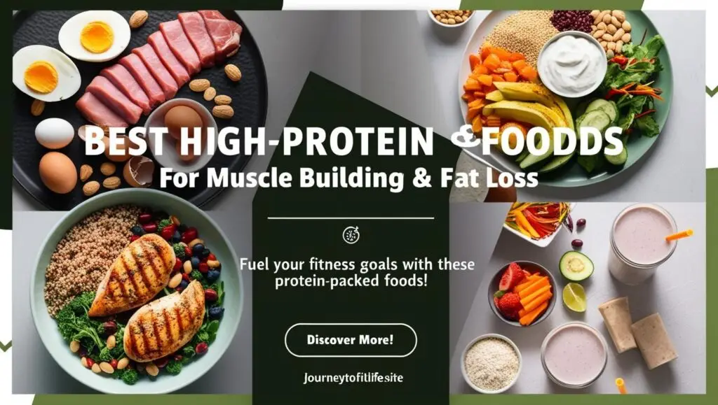 A spread of high-protein foods, including grilled chicken, eggs, Greek yogurt, nuts, and legumes, with a dark green overlay. Text reads: 'Best High-Protein Foods for Muscle Building & Fat Loss. Fuel Your Fitness Goals with These Protein-Packed Foods!' A bright orange button says 'Discover More!'