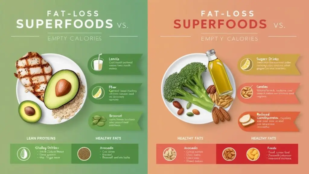 Infographic comparing fat-loss superfoods and empty calories. The left section highlights healthy foods like lean proteins (grilled chicken, Greek yogurt, lentils), fiber-rich options (oats, broccoli, chia seeds), and healthy fats (avocado, nuts, olive oil) in vibrant green tones. The right section shows foods to avoid, including sugary drinks, candy, refined carbs (white bread, pastries), and processed fried foods with trans fats in warm red/orange hues, with clear labels and a modern header