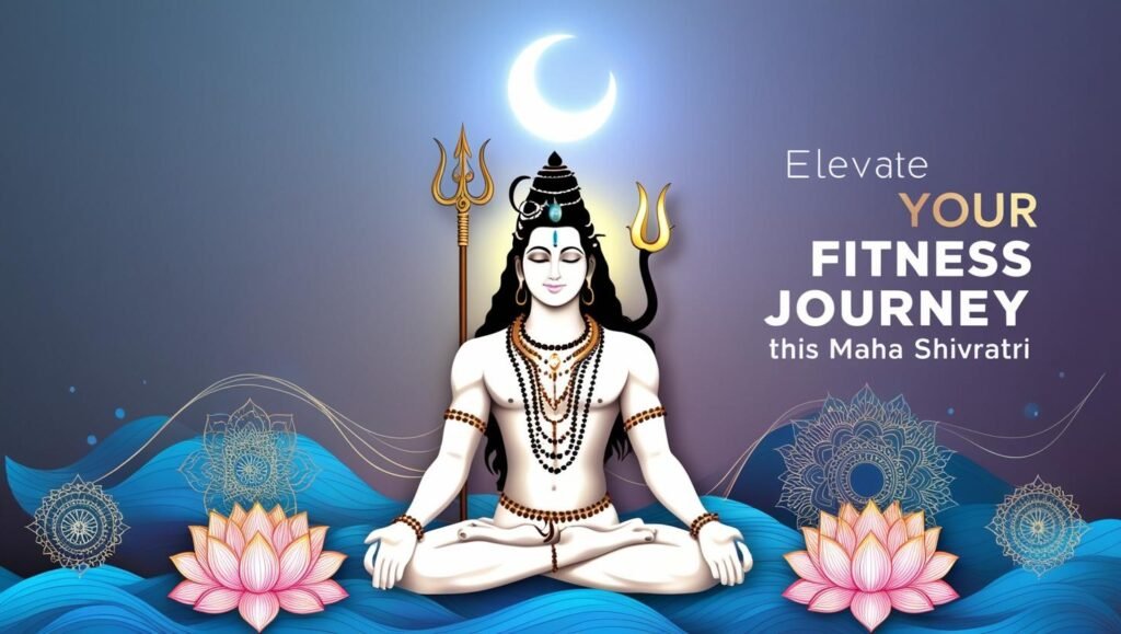 Lord Shiva meditating with trident and crescent moon, surrounded by yoga symbols and peaceful colors, symbolizing strength, balance, and holistic fitness for Maha Shivratri.