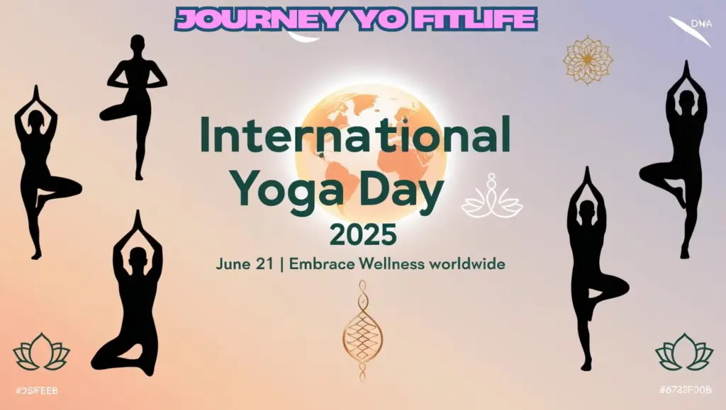 Diverse group practicing yoga poses at sunrise for International Yoga Day 2025, featuring a glowing Earth globe with yoga icons, lotus petals, and text 'June 21 | Embrace Wellness Worldwide'.