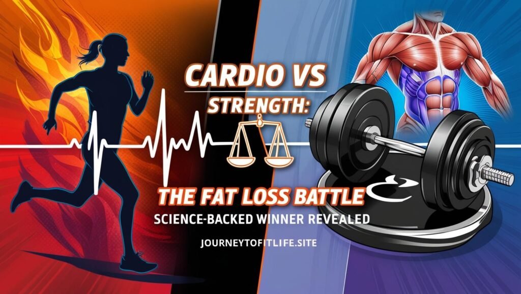 Split-screen graphic comparing cardio (running silhouette, fiery orange-red gradients, heartbeat line) and strength training (dumbbell, muscle anatomy, blue-purple tones) for fat loss. Central balanced scale icon with text 'Cardio vs Strength: The Fat Loss Battle' and JourneyToFitLife.site URL at the bottom