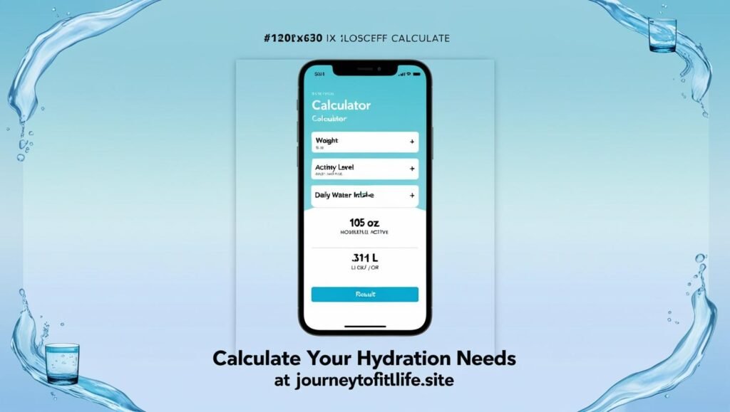 Smartphone mockup displaying a hydration calculator with fields for weight, activity level, and daily water intake, from journeytofitlife.site.

