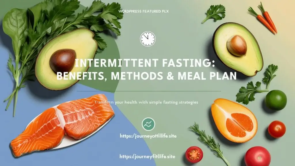 A featured image showcasing the benefits of intermittent fasting, including weight loss, improved health, and meal planning tips. Visit JourneyToFitLife.site for more.