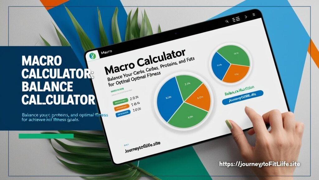 Macro calculator interface displaying balanced macros for carbs, proteins, and fats to achieve fitness goals, featuring the JourneyToFitLife.site brand.