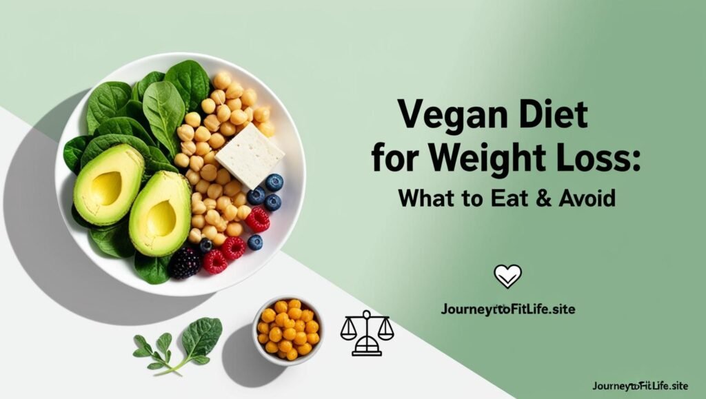 Colorful vegan weight loss plate with greens, avocado, tofu, and berries. Text: "Vegan Diet for Weight Loss: What to Eat & Avoid" – JourneyToFitLife.site