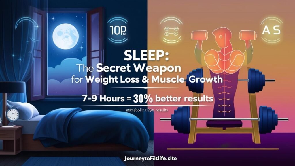 Calming night sky with soft purple hues, featuring subtle fitness elements like dumbbells and a heartbeat line, symbolizing restorative sleep for weight loss and muscle recovery.