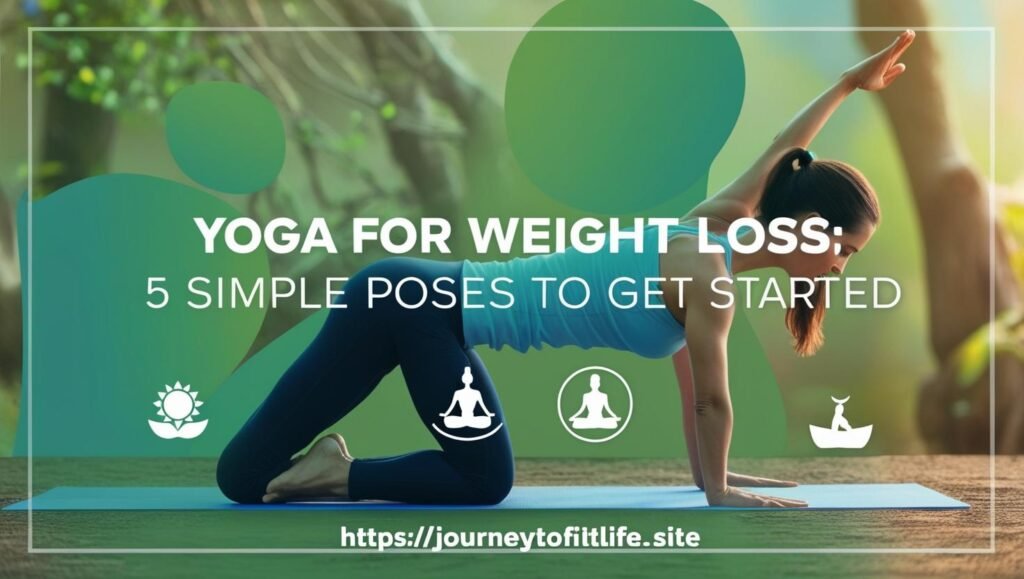 Beginner-friendly yoga poses for weight loss, including Sun Salutation, Warrior II, and Boat Pose, featured on JourneyToFitLife.site.