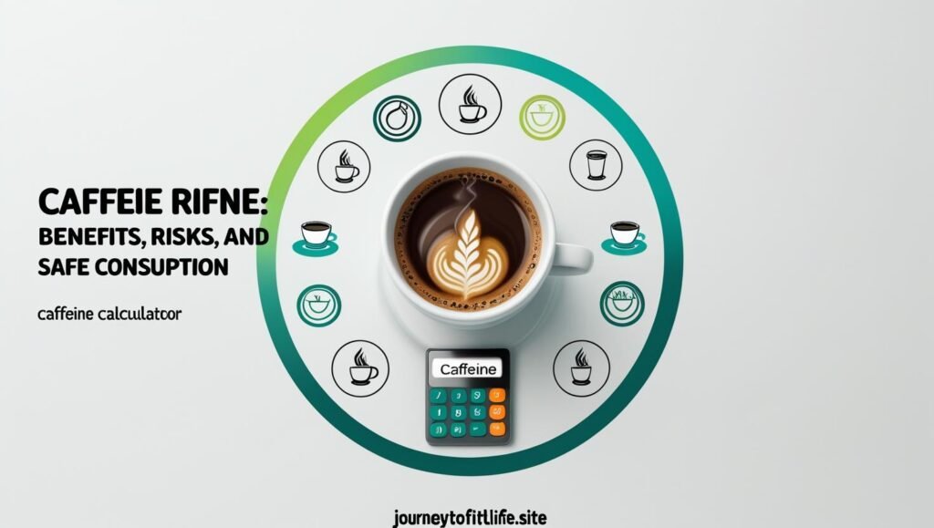 Caffeine calculator with coffee, tea, and energy drink icons on a gradient background for safe intake guide at journeytofitlife.site