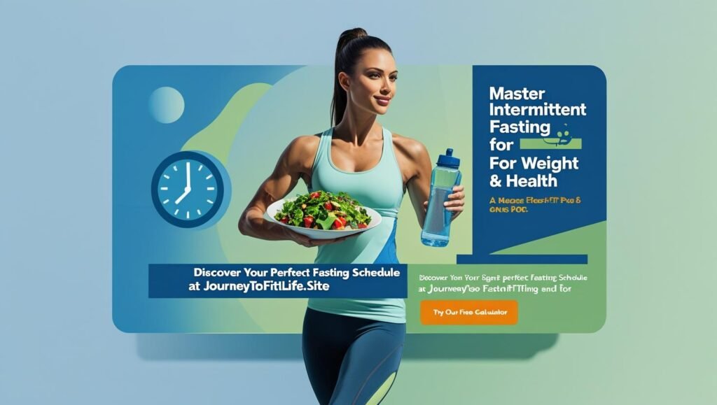 Person practicing intermittent fasting with a clock and healthy food, promoting weight loss and wellness at https://journeytofitlife.site.
