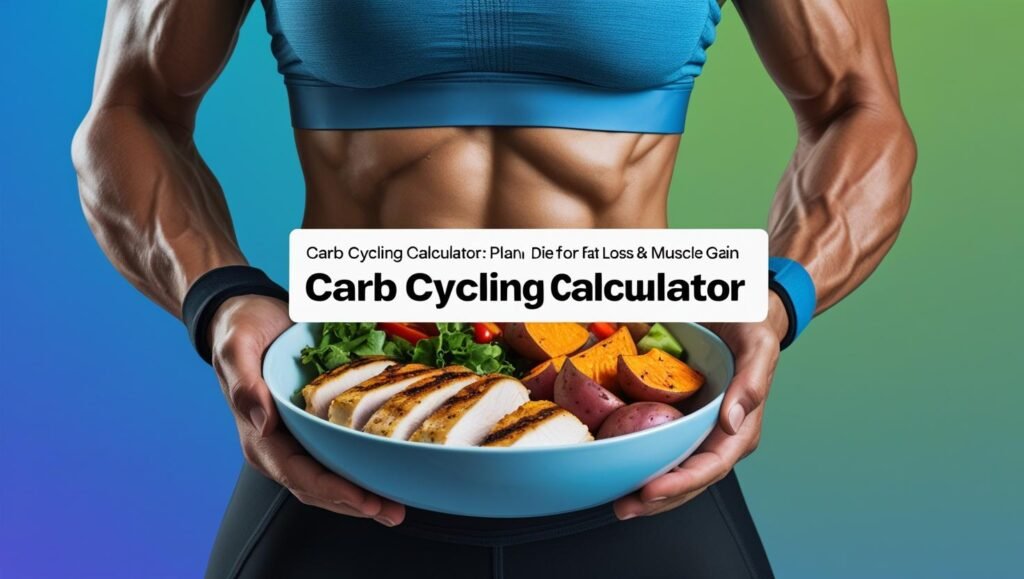 Includes key terms ("Carb Cycling Calculator," "fat loss," "muscle gain") and the site URL for SEO while describing the image for accessibility