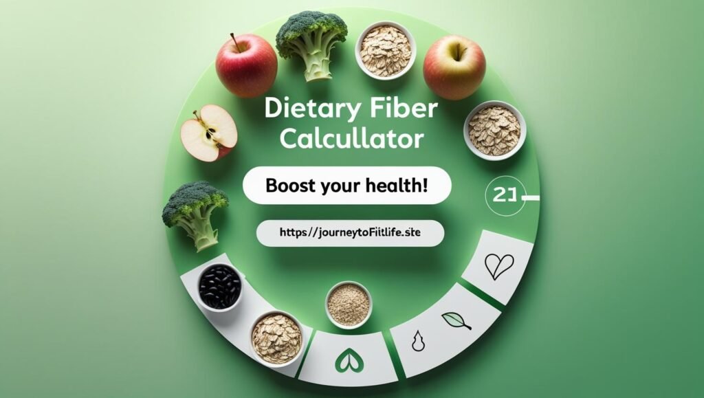 Dietary fiber calculator with fiber-rich foods like apples, broccoli, and oats on a green gradient background, promoting digestive and heart health at Journey To Fit Life.