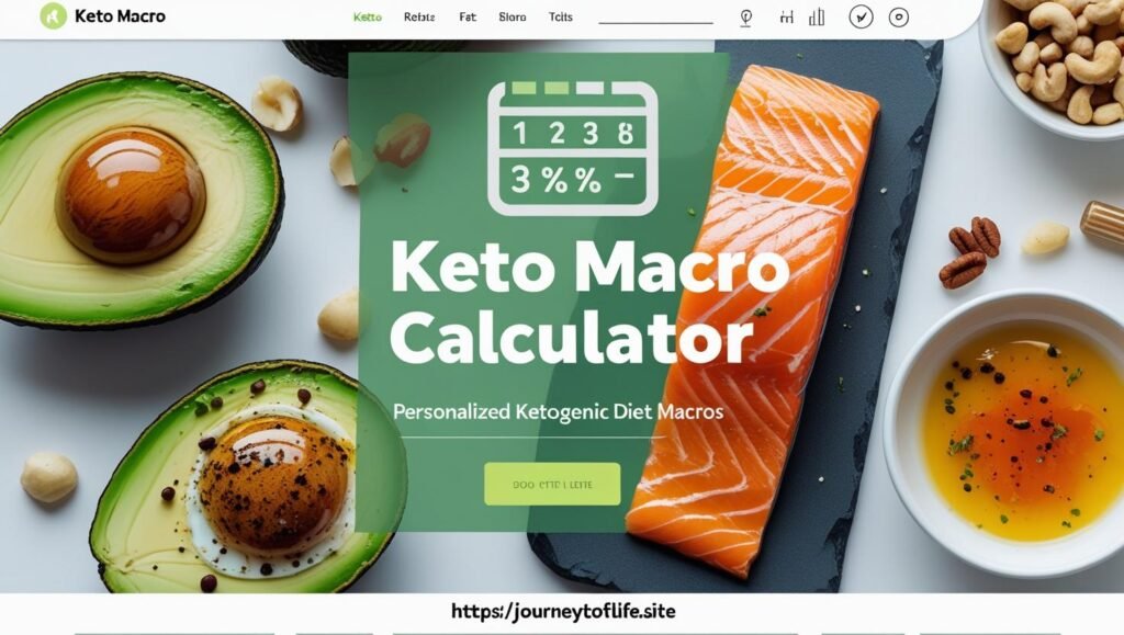 Keto Macro Calculator featured image with healthy keto foods and calculator graphic for personalized ketogenic diet macros on https://journeytofitlife.site