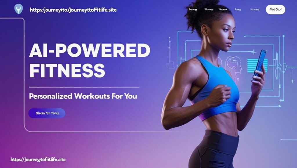 Fit person using AI-powered fitness app with wearable device, showcasing personalized workout plans on https://journeytofitlife.site, with tech-inspired design and gradient background.