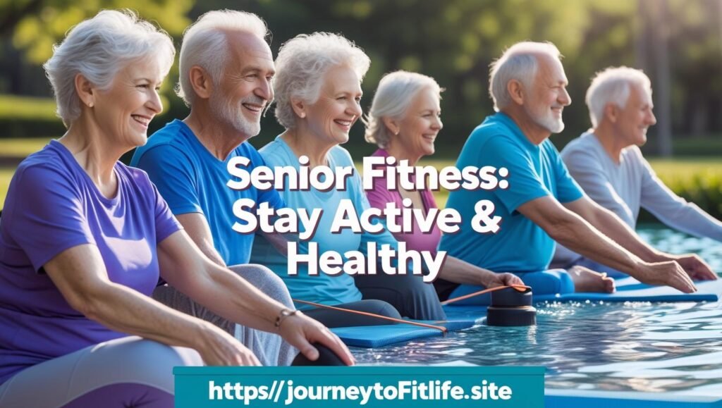 Group of seniors exercising in a fitness class, promoting healthy aging with low-impact workouts like LES MILLS THRIVE™ at https://journeytofitlife.site. Smiling older adults engage in yoga and strength training for mobility and well-being.