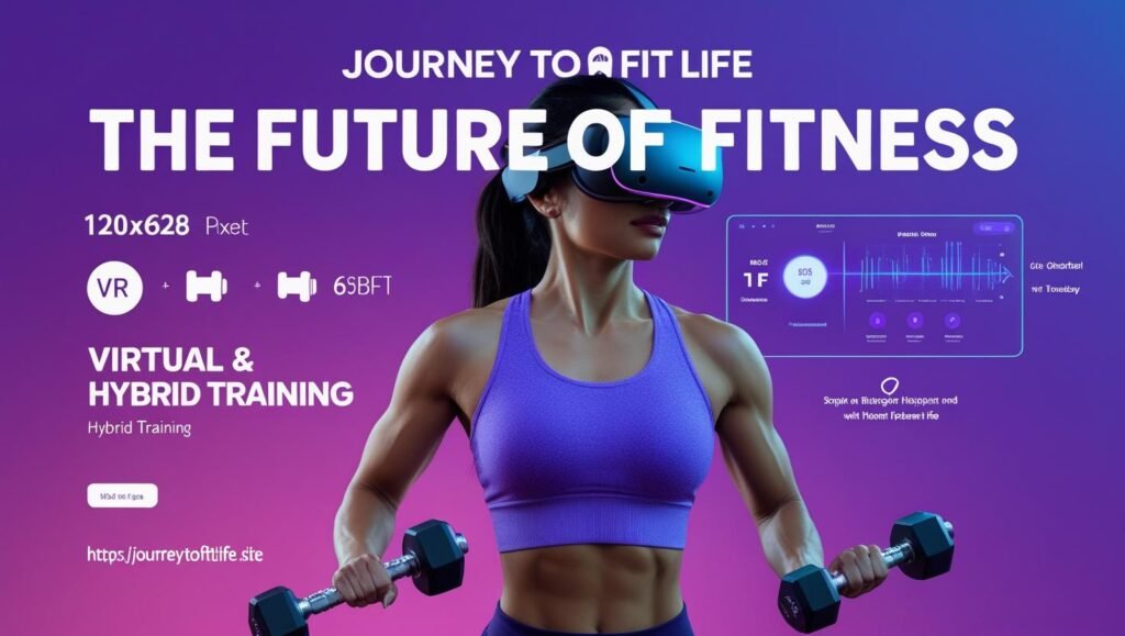 Person using VR headset for virtual fitness workout with holographic stats, representing hybrid training models on Journey to Fit Life (https://journeytofitlife.site).