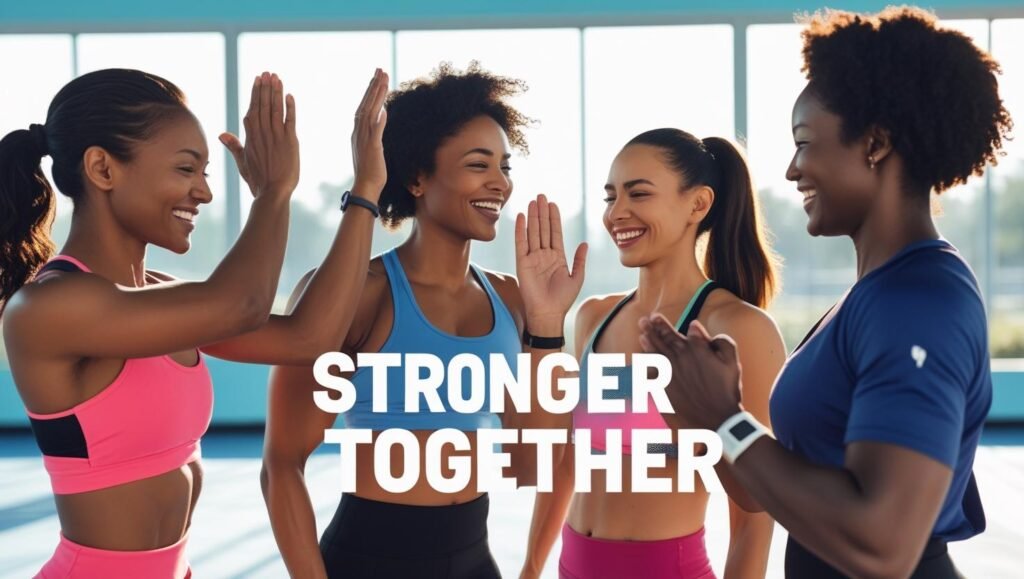 A diverse group of friends celebrating their success in a community fitness challenge, demonstrating the motivation and accountability that comes from group workouts and social support.