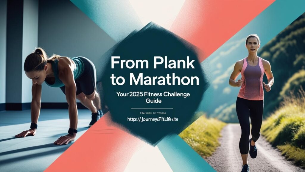 An inspiring montage of popular fitness challenges for 2025, featuring a person running a marathon and another doing a plank, symbolizing a guide to diverse workout goals from strength to endurance.